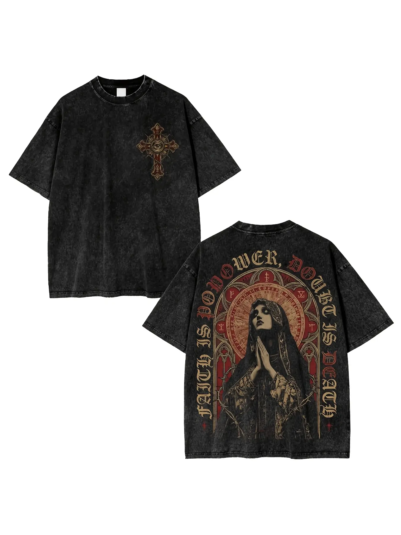 Virgin Mary Gothic Cross Washed T-Shirt, Religious Streetwear Shirt, Jesus Saving Faith Pattern T-Shirt, Christian Gothic Art Plus Unisex T-Shirt, Men's Vintage Washed T-Shirt, Large Size