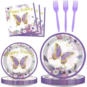 96-Piece Purple Butterfly Birthday Party Tableware Set - Butterfly-themed party decorations, includes dinner plates, napkins, and forks. Perfect as gifts for girls, women, and baby christening parties.