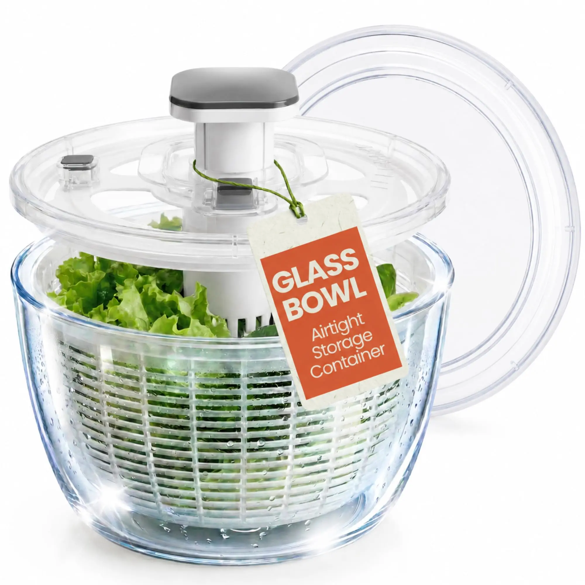 JARELLI Glass Salad Spinner with Storage Lid, 6 Quart Borosilicate Glass Bowl, Push Button Drying Lid, BPA-Free Draining Basket Doubles as Serving Bowl & Colander, Lettuce, Vegetable, & Fruit Washer