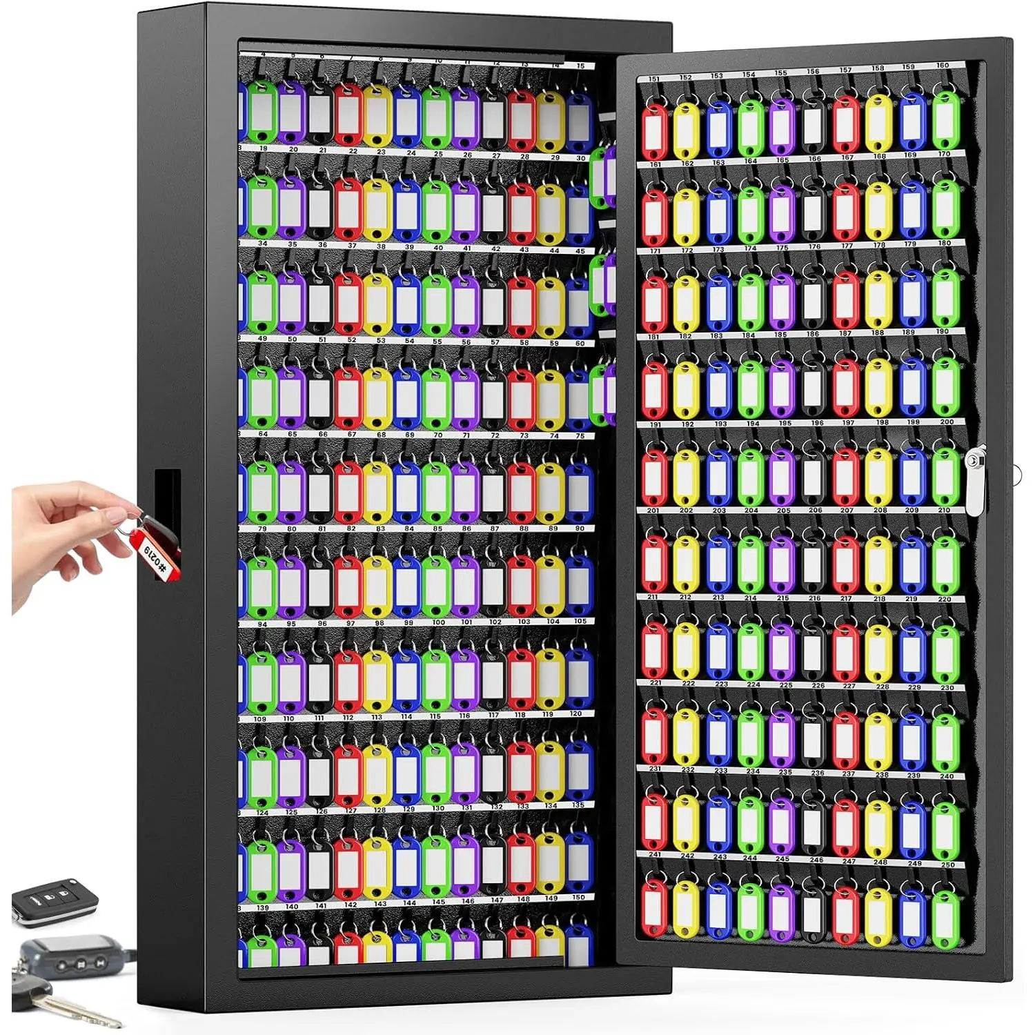 Wall-mounted key lock box with 250 slots, includes 24 side hooks and key tags; anti-theft key cabinet with a side drop slot; key organizer/key safe for home, office, garage, rentals, and businesses.
