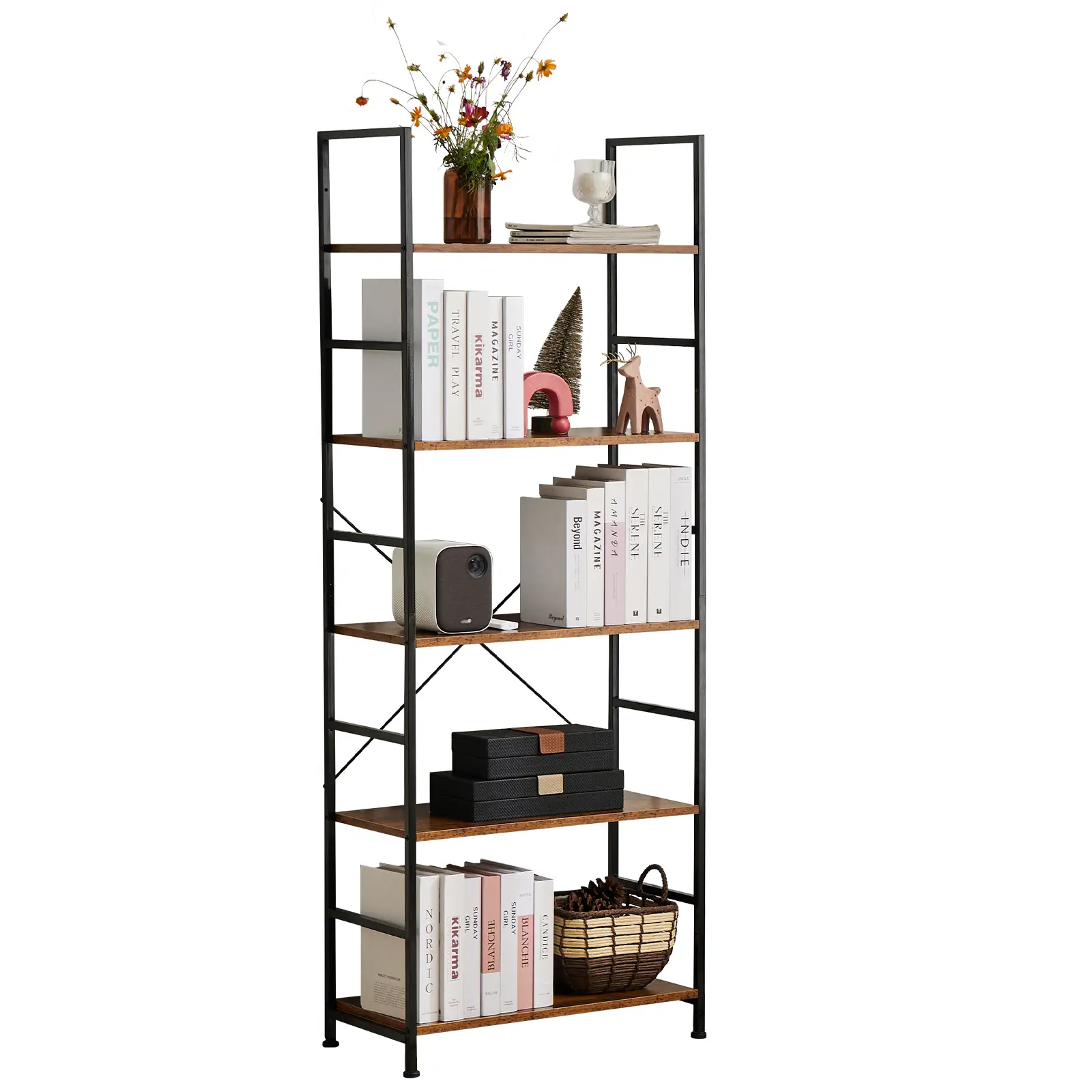 【Deal】Sweet Furniture 5 Tier Bookshelf: Modern Industrial Corner Storage Organizer for Bedroom, Home Office-Tall Bookcase for Books, Garage Kit, CDs,