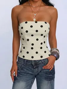Polka Dot Strapless Tube Top Sexy Short Slim Fit Bandeau Camisole Crop Top Vintage French Style Back Smocked Stretchy Bustier Sleeveless Going Out Date Night Party Summer Womens Fashion Streetwear Elegant Sleeveless Top Fitted Crop Top