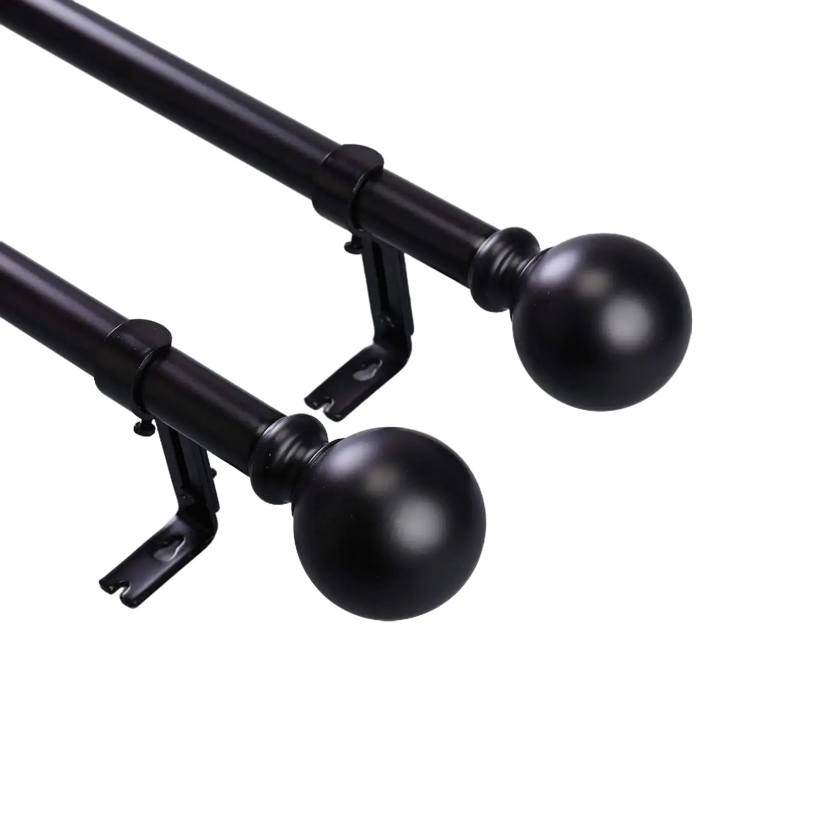 Plastic Expandable Adjustable Curtain Rod Complete Kit - 42"-126" Pull-Out Expand Triple Rod Set, Black Window Hardware with Round Finials, Expandable Curtain Rod