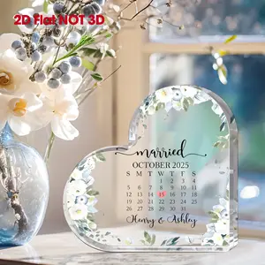 2D Flat, 1pc Personalized Wedding & Anniversary Nameplate - Custom Bride & Groom Names, Date, Heart-Shaped Acrylic Desk Decor with Floral Design - Wedding, Anniversary, Valentine'S Gift for Couples - No Electricity Needed