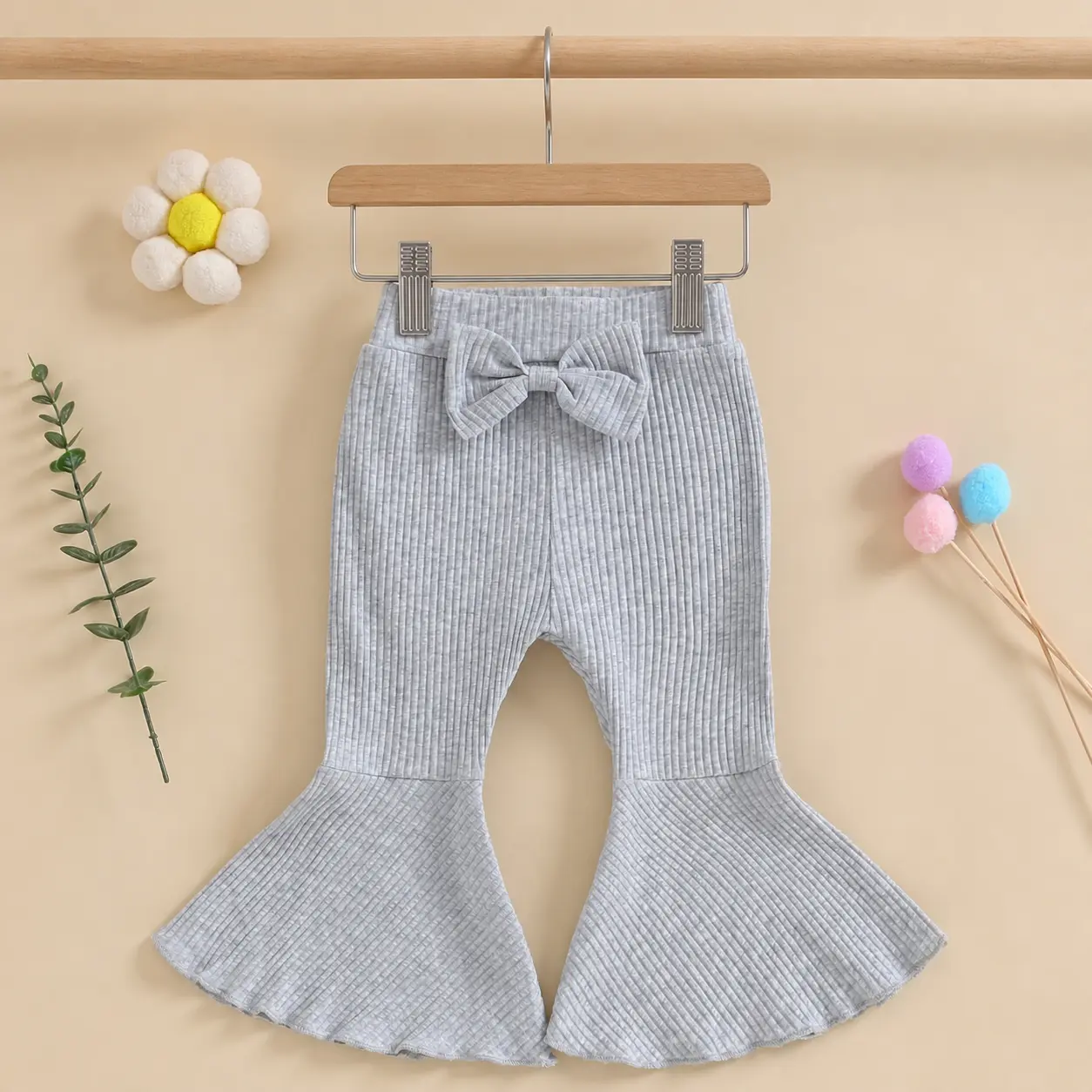 Kids Girl Flare Pants Solid Color Ribbed Elastic Bell Bottoms Trousers Bow Ruffle Pants for Toddler Baby