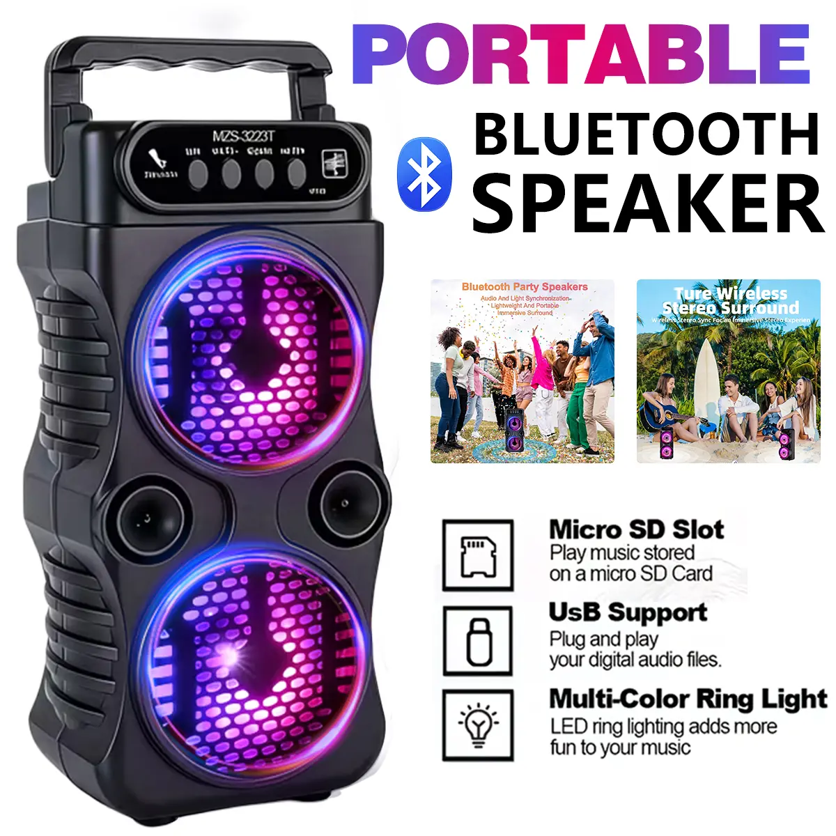 Portable Wireless Bluetooth Speaker Compact Speaker with Big Sound Dual RGB Colorful Speaker Lights Supports USB TF Card & Type-C Charging Ideal for Casual Music/Outdoor Travel/Camping/Indoor Entertainment btspeaker Micro Sd Slot