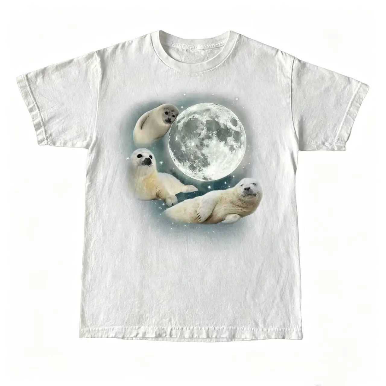Fluffy Seal & Moon Graphic T-Shirt, Unisex Soft Cotton Relaxed Fit Essential Shortsleeve Top for Everyday Wear, Women, Ocean, Casual, Streetwear, Outdoor