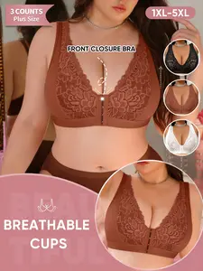 3-Pack Plus Size Lace Bra with Front Buckle, Breathable Full Coverage, Medium Support, Unlined, All Seasons, 1xl-5xl Available