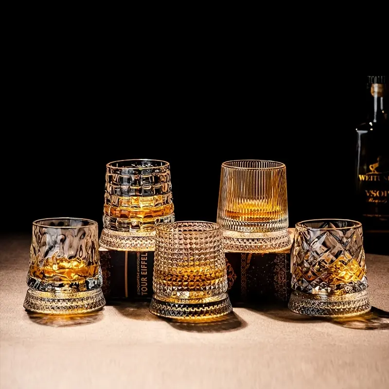 Unisex 360-Degree Rotating Whiskey Spinning Cup Set with Rotating Base - Ice Crystals Design, Reusable Kitchenware Drinkware for Scotch, Bar Use, Stress-Relief Slow Drinking, Bar Enthusiast Gift