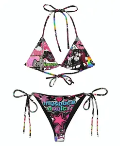 Women Y2K Emo Myspace Addict Anime Print Bikini Set Pixel Space Invader Grunge Halter Triangle Tie Side Swimsuit Comfy Summer Beach Rave Festival Vacation Aesthetic Swimwear