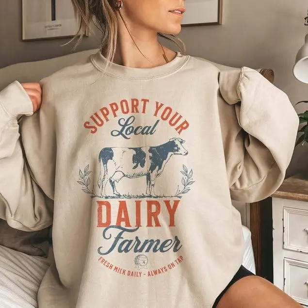 Support Your Local Dairy Farmer Sweatshirt, Vintage Cow Graphic Crewneck, Farm Life Pullover, Retro Country Aesthetic Clothing, Dairy Farmer Gift, Oversized Farmhouse Sweater	