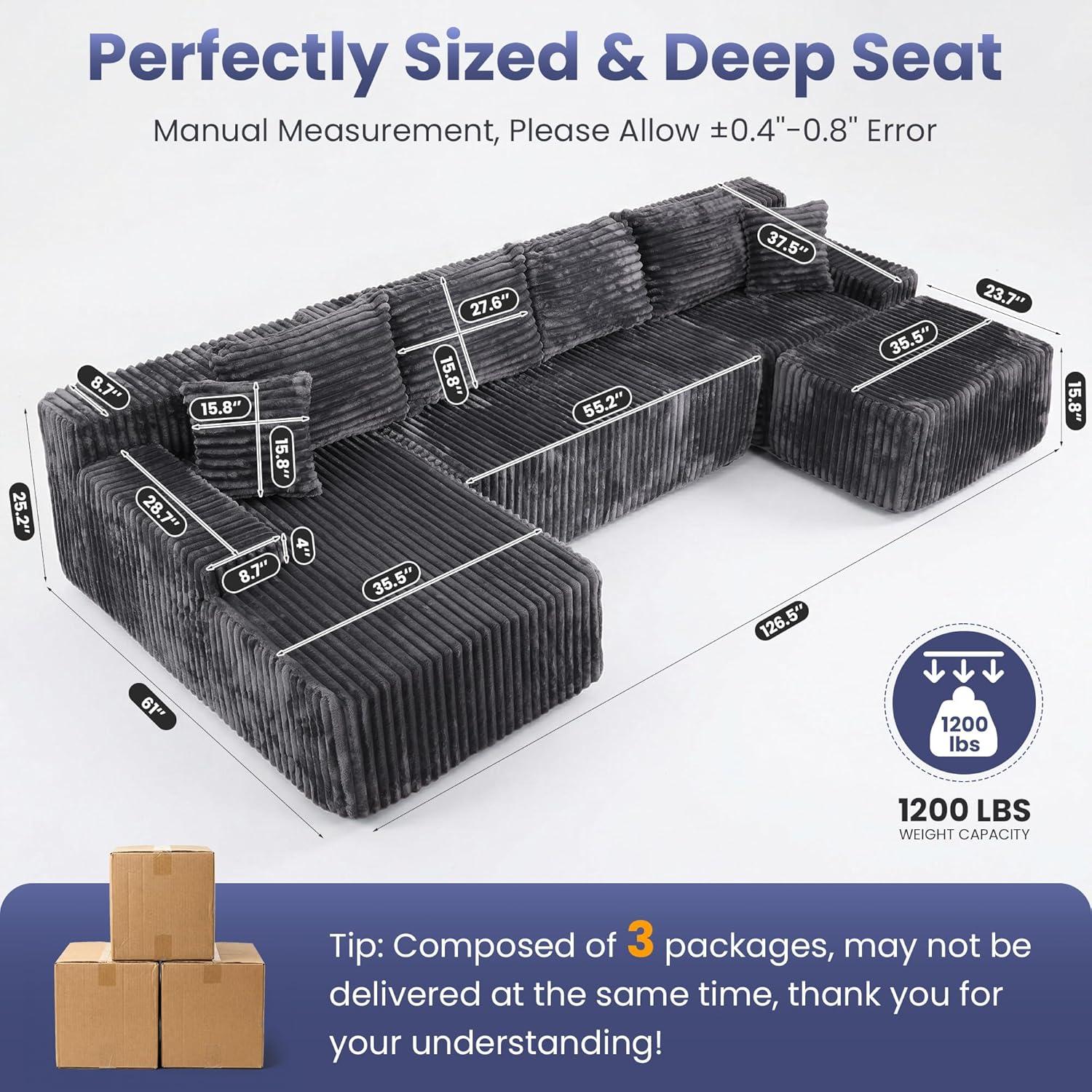 winzoo couch 126" Cloud Sectional Couch for Living Room, Oversized 6 Seat Convertible Modular Sectional Sofa Bed with High Back Ottoman, Plush Corduroy U Shaped Boneless Couch Compression Sofas, Grey