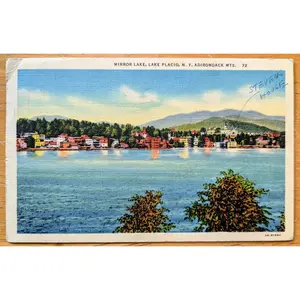 1938 Mirror Lake, Lake Placid, Adirondack Mountains NY Linen Postcard - Colorful Lithograph - Antique New York Mts. Postcard