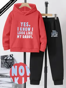 Teen Boys' Fashion Hoodie Set, Spring & Fall Casual Wear, Family Matching Slogan Print, Youth Trendy, Ages 5-14