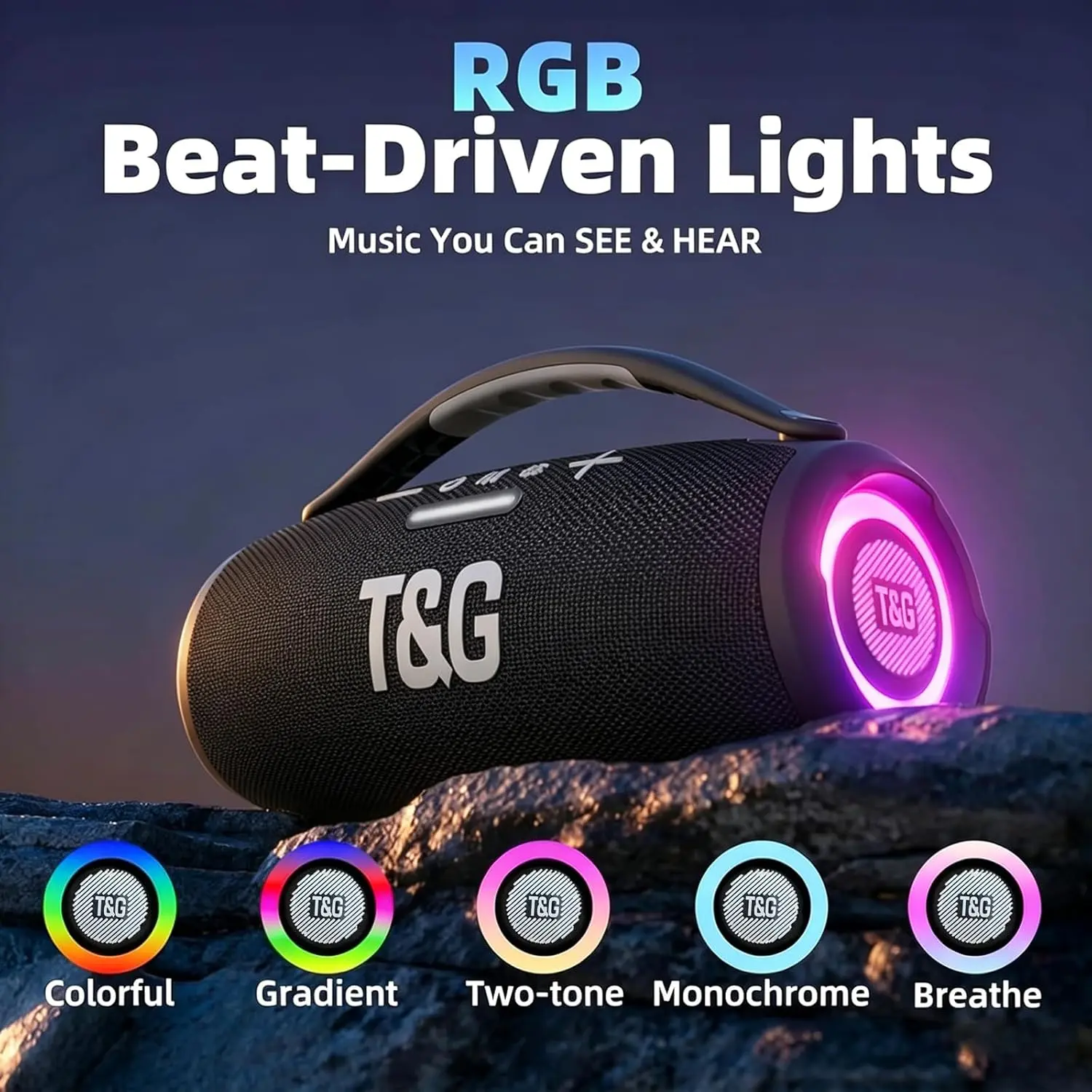 T&G418 Portable 60W Deep Bass Bluetooth Boombox with IPX6 Waterproof Rating, RGB Lights, Built-in Long-Lasting Battery, TWS Pairing, Black for Party, Hiking