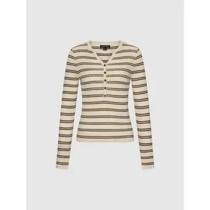 Women's Collared Henley Neck Long-Sleeve Knit Tops - Medium-Thick Polyester Mix Soft Knit Fabric, Striped Design, Casual Everyday Wear, Multi-Size All-Season Women's Knitwear Clothes