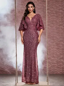 Women's Glitter Sequins V Neck Mermaid Evening Dress, Elegant Butterfly Sleeve Zipper Back Evening Party Gown, Ladies Clothes for All Seasons