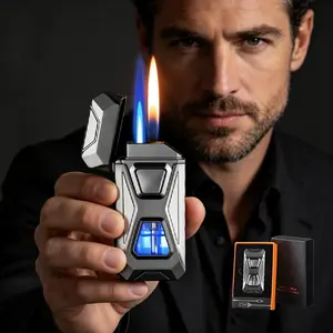 Torch Dual Flame Lighter - Fashion Design, Refillable Butane Lighter with Visible Fuel Tank, Windproof Adjustable Soft and Jet Flame for Men & Lady - Ice Black，Graduation gift, gift for men