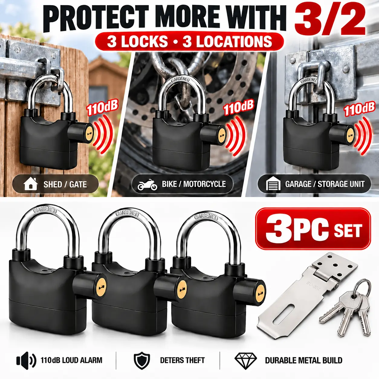 3/2PCS Optional, 110dB Vibration Anti-Theft Alarm Padlock, Dual Working Modes Security Lock, Anti-Pry Lock For Motorcycle, Gate, Shed, Warehouse, Toolbox, Security PadlockWith Keys, Anti-Cut Lock For Indoor & Outdoor Use, Match With Lock Buckle