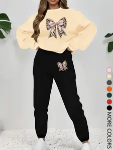 New Creative Simple Bowknot Pattern, Letter Print Sweatshirt Set, Long Sleeve Round Neck Top & Pants, Casual Fashion Women's