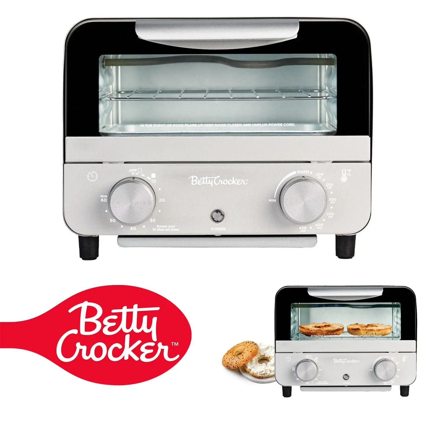 Betty Crocker BC-5629S Mini Toaster Oven - Household Appliances, Kitchen Cooker, 7L Compact Countertop, 750W, Adjustable Timer, Automatic Shut-Off, Oven Tray & Rack Included, Gray/Black (Ideal for Dorms, Apartments)