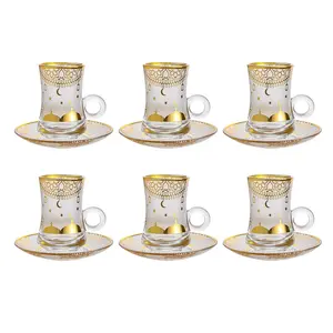 3.5in High Vintage Turkish Tea Glasses Cups Saucers Set of 6 for Women Glassware Beverage Drinking Party Arabic Style Teacups Moroccan Persian Coffee Glass Cups, and Saucers Gold Drinkware