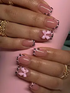24pcs New French Sweet Style Leopard Print Colorful Bow Long Square Wind Detachable Wearable Nails
