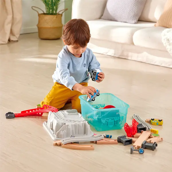 Hape City Theme Train Toys Bucket Set - Unisex 3+ Years Model Vehicle with Cars, Non-Toxic Finishes, Hand-Eye Coordination Developer, Toy Train