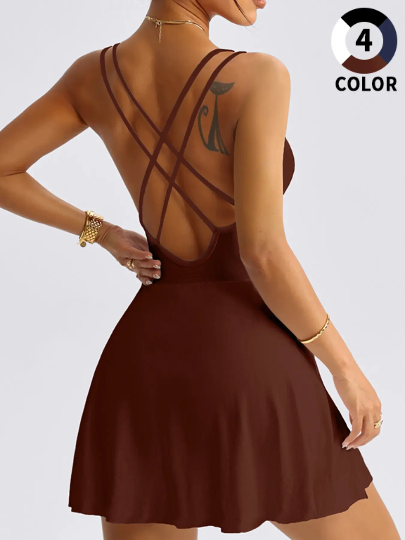 Women's Summer Sporty Jumpsuit with Safety Pants, Fashionable Yoga Tank Dress, Active Dress, Workout Exercise Dress, Fitness Workout Dress, Gym Dress, Above the Knee Tennis Skirt, All Seasons Wear
