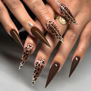Long Pointed Leopard Print Nail Art, Detachable Press-On Nails, Perfect for Parties, Weddings, Dates, Fashion Lovers, Glossy Finish