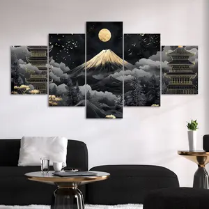 5 Counts Unframed Canvas Poster, Black Gold Fuji Mountain Pagoda Birds, Exquisite Poster, Perfect Living Room Decoration, Modern Art, Modern Home Decor, Fashion Family Poster, Wall Art Decoration, Odorless, Waterproof, Unique Artwork