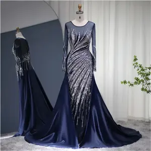 Navy Blue Satin Elegance: 2025 Mermaid Arabic Evening Gown with Luxurious Dubai-Inspired Overskirt - A Timeless Selection for Weddings and Formal Guest Parties.