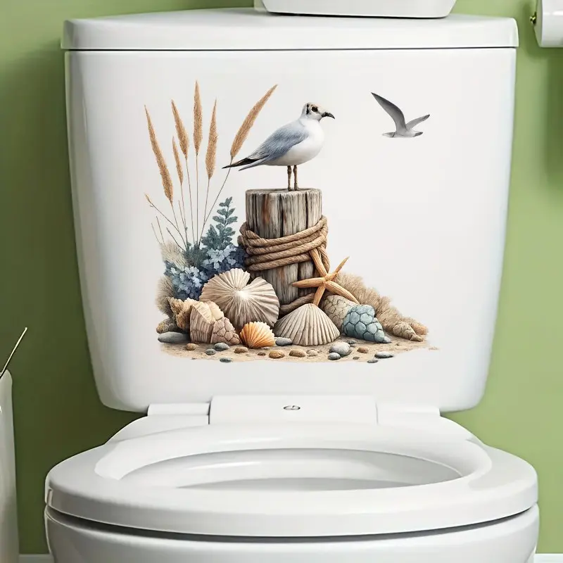 Creative Seagull Shell Toilet Lid Sticker, Removable Decorative Wall Door Decal, Unique Bathroom Decoration, Bathroom Decor Supplies, Easy-To-Remove Art Paper