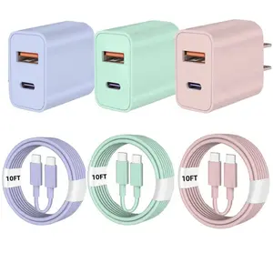 SANPRIO 3-Pack 20W Dual Port PD+QC3.0 Wall Charger with 10FT Long USB C Charging Cord for iPhone 16/15 Series & Android Devices