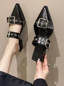 Women's Open-Toe Half-Strap Sandals, Summer Outdoor Wear, Pointed Toe Mules, Chunky High Heels, French Style, Casual PU Leather Shoes Rubber, Footwear