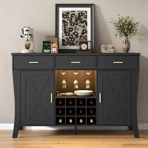 Wine Bar Cabinet with LED Light，Farmhous Liquor cabinet with Wine and Glass Rack,Black Coffee Station with Storage cabinet,Buffet Sideboard with Arc Design for Kitchen,living room(Black)