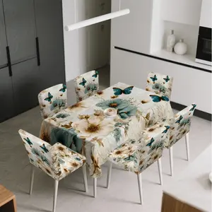 4/5/6/7pcs Blue Butterflies and Blooms Chair Cover And Tablecloth Set, Easy to Install & Wash, Suitable for Living Room, Camping, Picnics, Kitchen & Festive Decor
