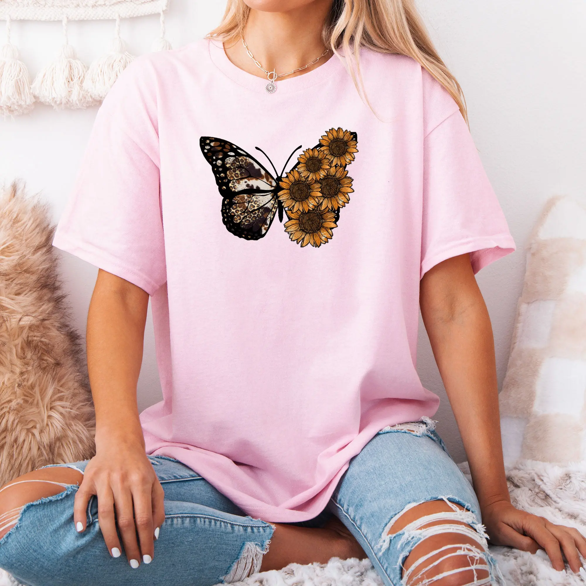 Butterfly Sunflower Western Vibe Graphic T-Shirt, Relax Fit, Soft Print