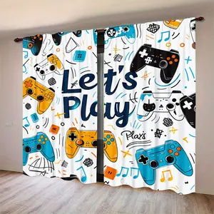 2pcs HD Digital Print Graffiti Game Controller Curtains, Polyester Material, Semi-Transparent Privacy Protection, Washable, Home Decor