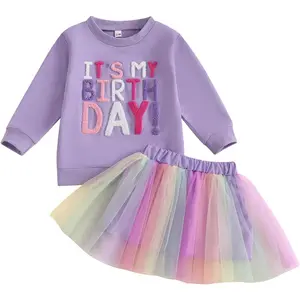 Toddler Baby Girls Birthday Outfit Embroidery Letter Sweatshirt Tops+Rainbow Tutu Skirt Fall Clothes