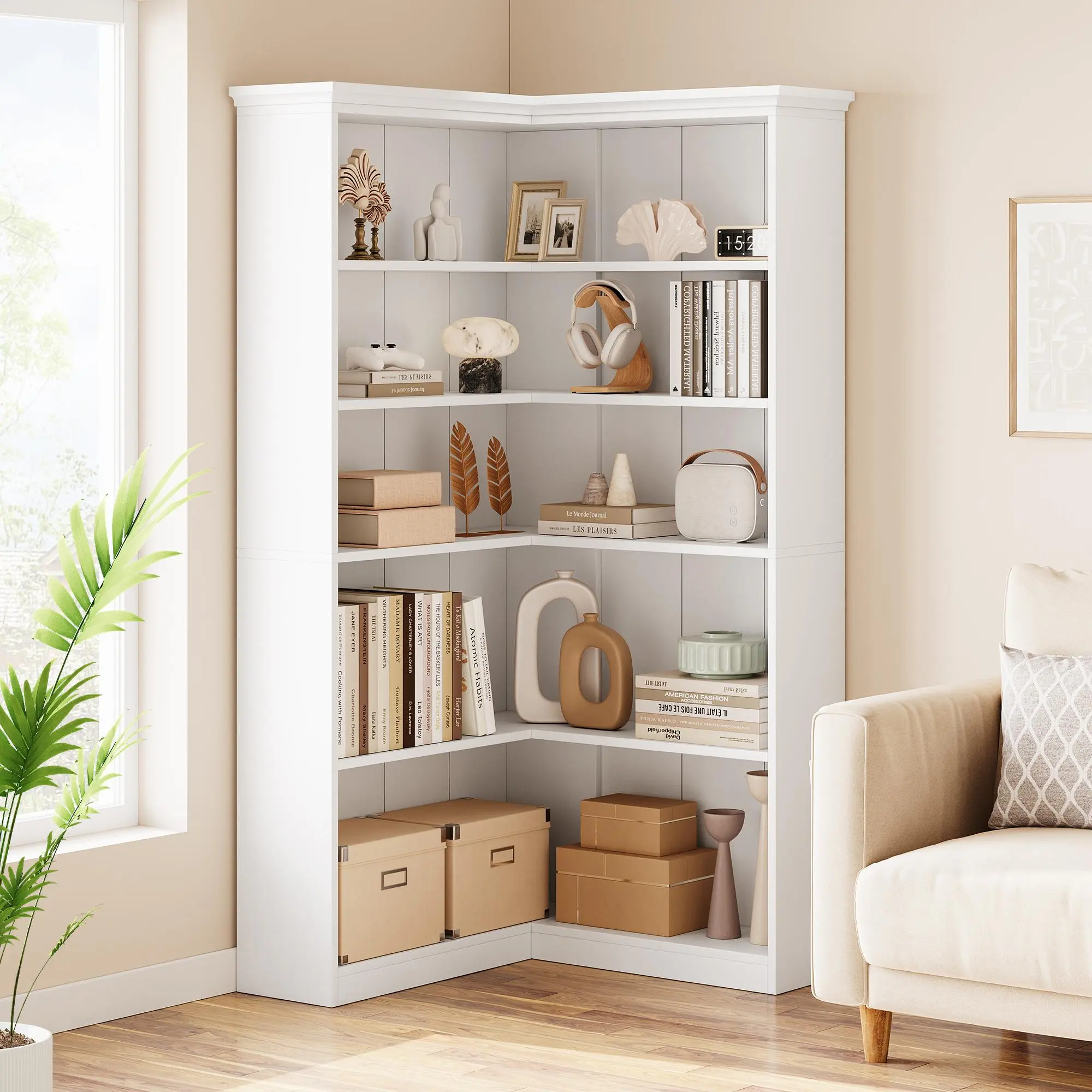 Gaomon L-Shaped Farmhouse Corner Bookshelf, 72-in Tall 5-Tier Durable MDF Board Unit, Anti-Tip Safety Design, Stable Base, Easy Assembly Required, Home Indoor Furniture Books Storage