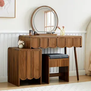 Vanity Desk with Mirror and Lights, Modern Wood Wave Panel Vanity Desk Set Makeup Table with Drawers and Cabinet, Dressing Table with Storage for Bedroom