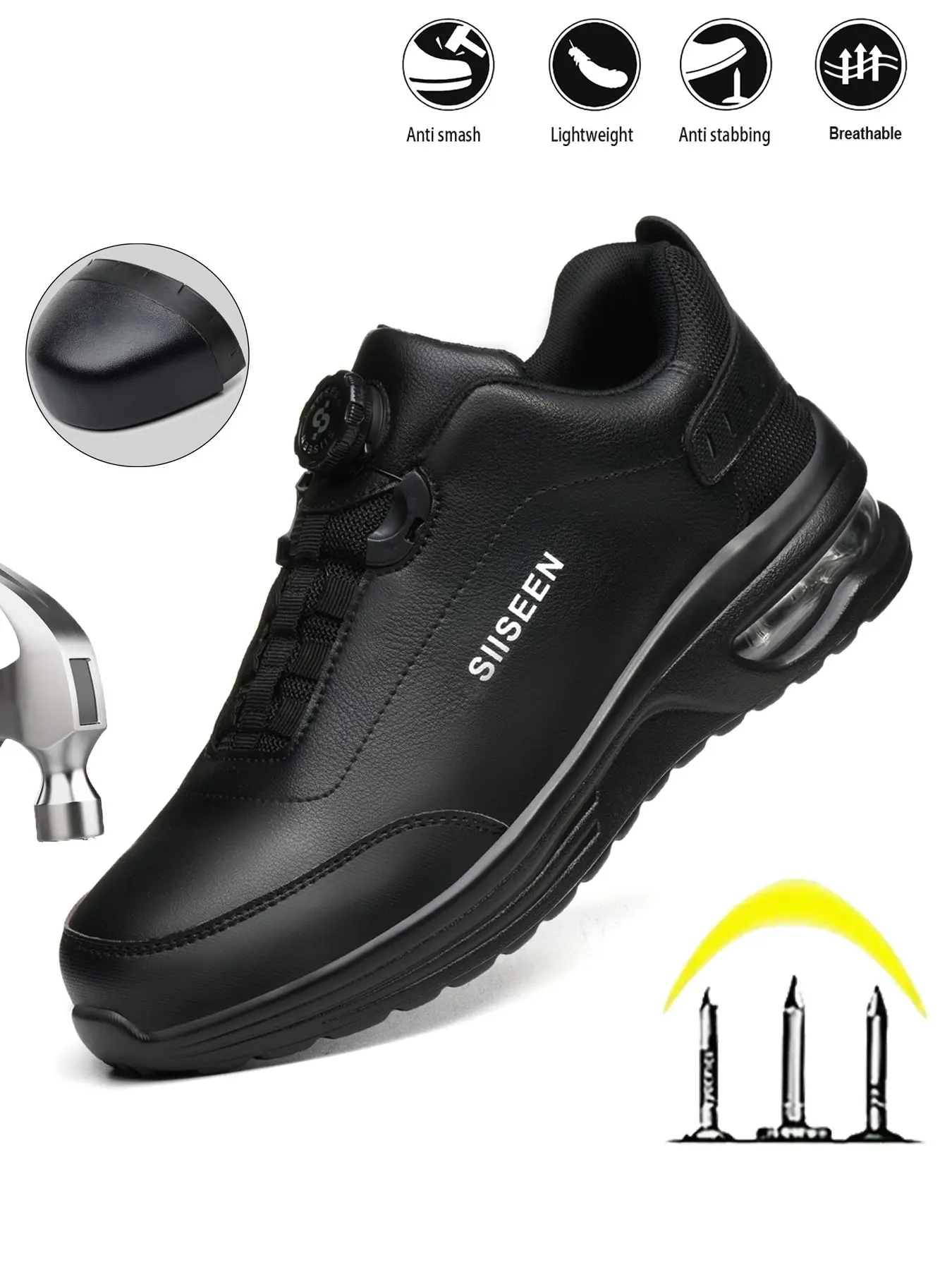 Men's Safety Shoes Protective Work Shoes Pure Button Design Closed, Anti-Puncture Cushioned Sole, Outdoor and Factory Work Boots, for Worker, Casual Style, All Seasons Footwear