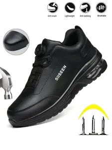 Men's Safety Shoes Pure Button Design, Anti-Puncture Cushioned Sole, Outdoor and Factory Work Boots, Casual Style, All Seasons