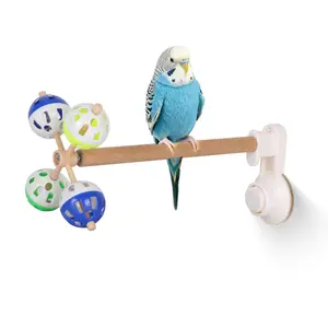 Bird Toy for Parakeet and Small Budgies Parrots, Wood Play Perch Stand with Suction Cup, Glass and Ceramic Mount Fixed, Fun and Interactive Pet Perch Accessory
