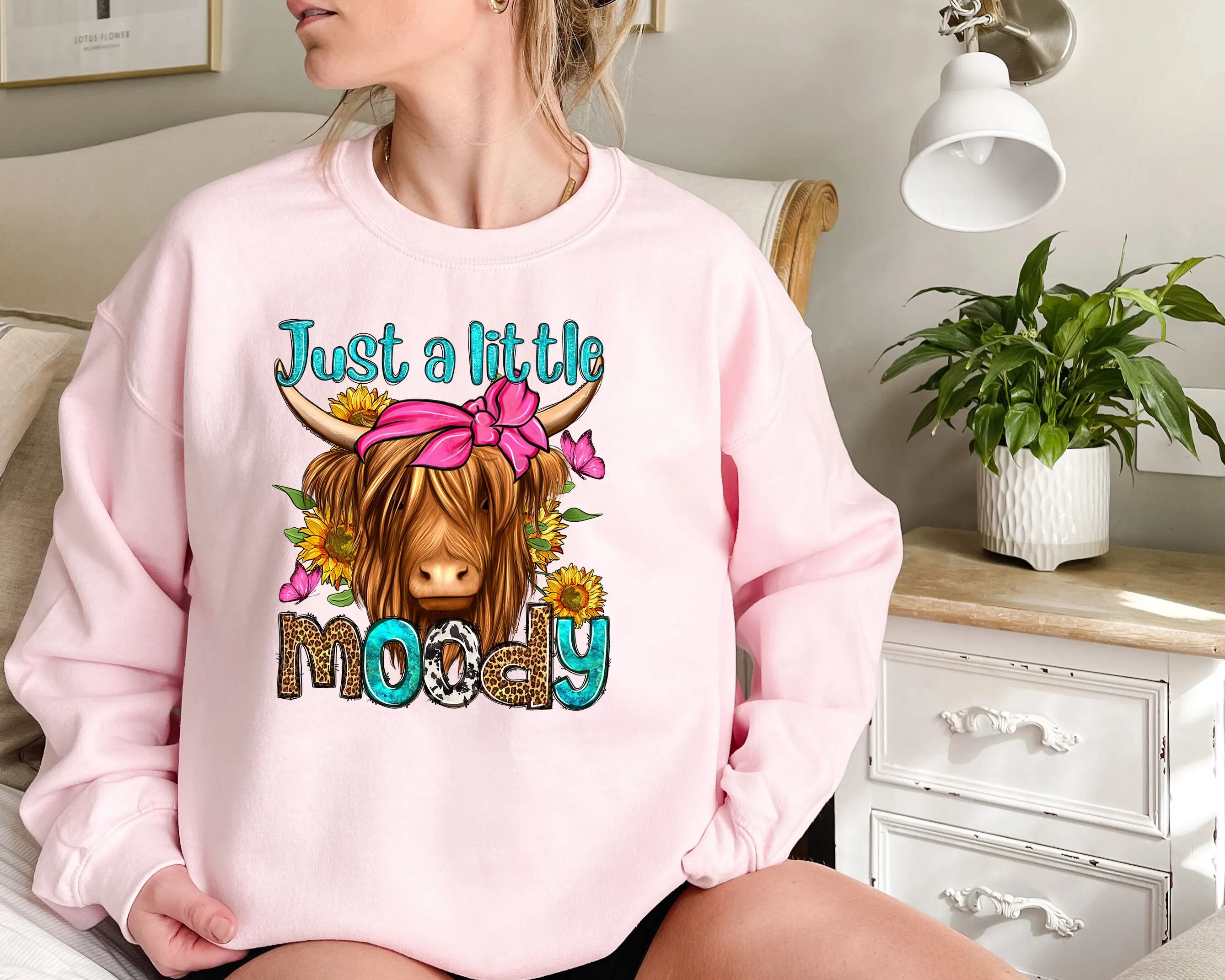 Just A Little Moody Sweatshirt, Western Cow Sweatshirt, Animal Lover Tee, Farmer Women Shirt Casual Cotton