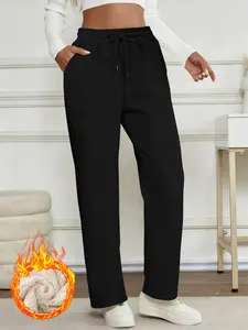Women's Fleece Lined Straight Leg Pants, Warm Lamb Wool Inner Liner, Casual Long Pants for Fall & Winter, Drawstring Waist, Natural Waist, Womenswear