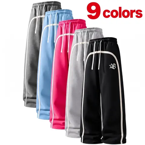 Men’s Y2K wide-leg sweatpants with white side stripes, two-piece set, available in 9 colors with star logo, drawstring, street-style athletic long pants