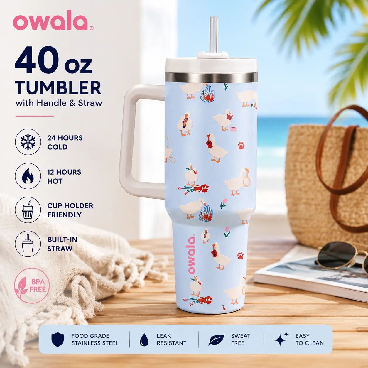 40oz Cute Goose Tumbler with Handle & Straw, Insulated Stainless Steel Travel Cup, Gift For Her, Gift For Him