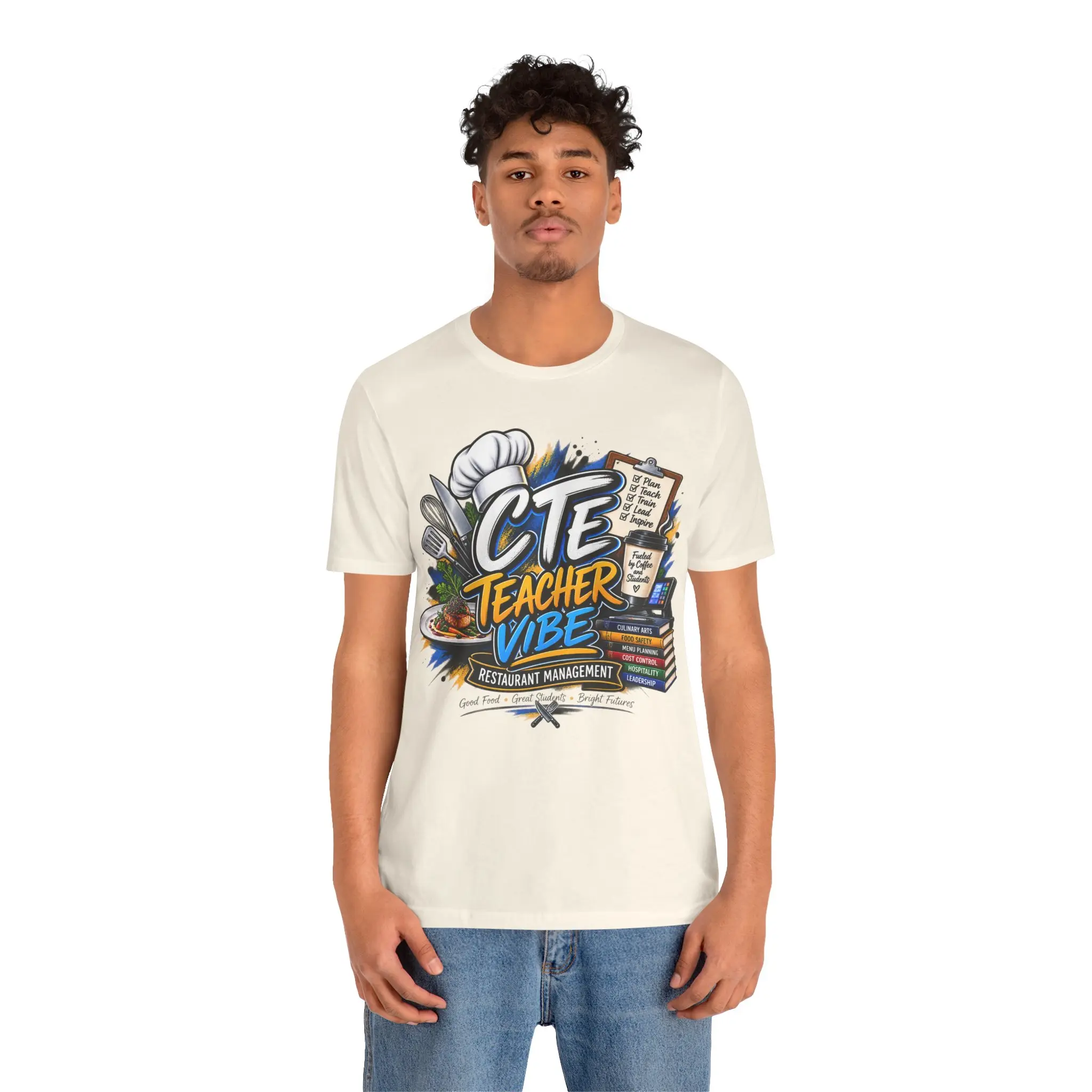 Men's CTE Teacher Vibe Graphic T-Shirt, Restaurant Management Themed, Airlume Cotton, Regular Fit, Medium Length, Graphic Artwork, Cold Wash Compatible